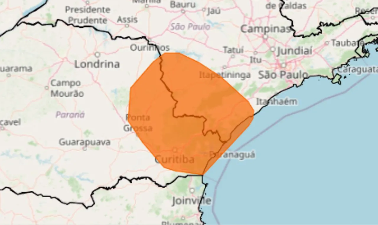 A imagem mostra um alerta laranja para chuvas e ventos intensos em partes de São Paulo e Paraná